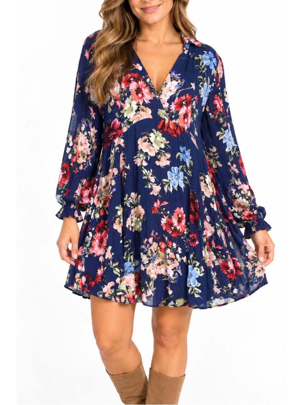 Umgee navy floral long sleeve mini dress in a colorful allover floral print- Med